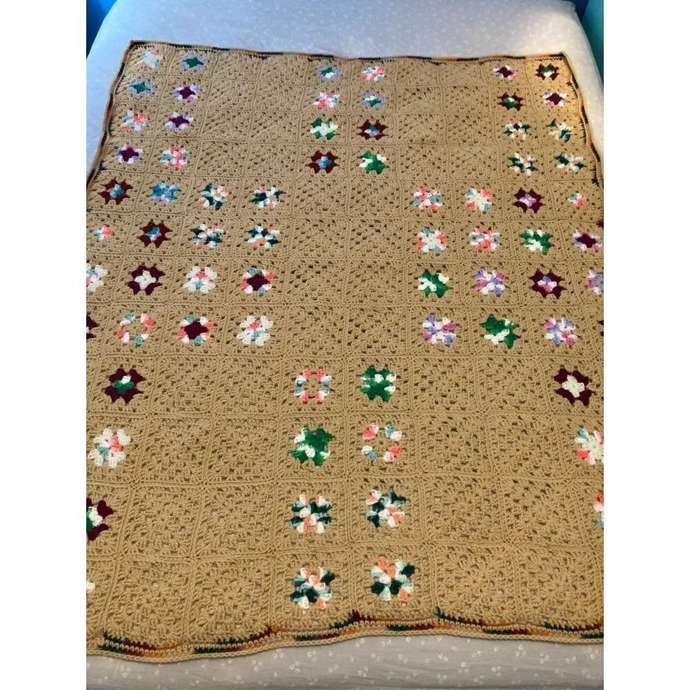 Handmade Granny Square Crocheted Blanket‎ Tan w Multicolored Squares 50 x 60